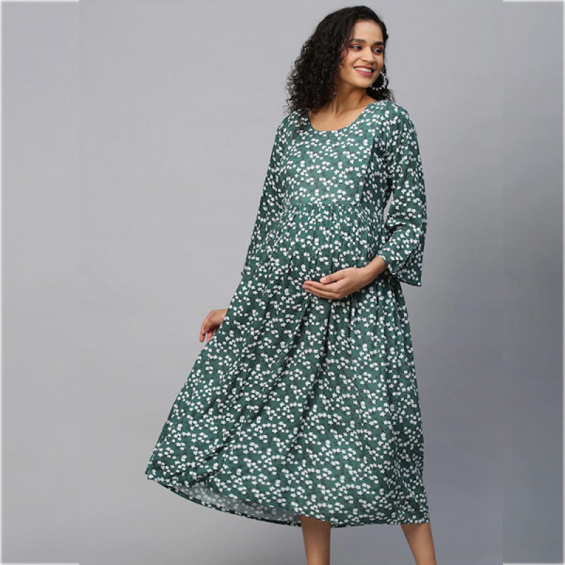 Green & White Floral Maternity Maxi Dress